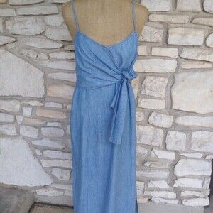 Topshop Bow Tie Front Midi Dress In Blue Denim Size 10 US / 14 UK